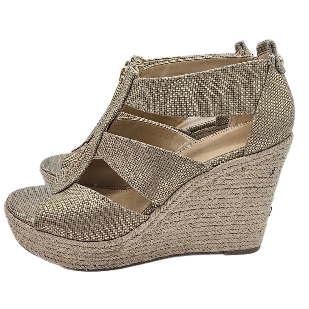 Michael Kors Damita Tan Sand Canvas Zip Wedge Espadrille Platform Sandal Sz 9.5